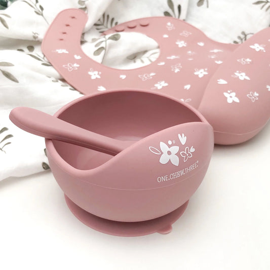 Silicone Scoop Bowl and Spoon Set - Floral Rose