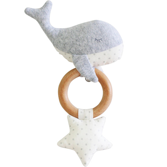Whale Teether Rattle Squeaker Grey