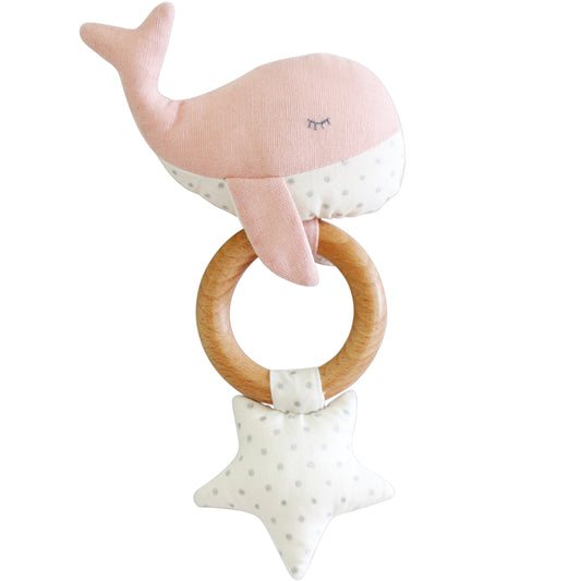 Whale Teether Rattle Squeaker Pink